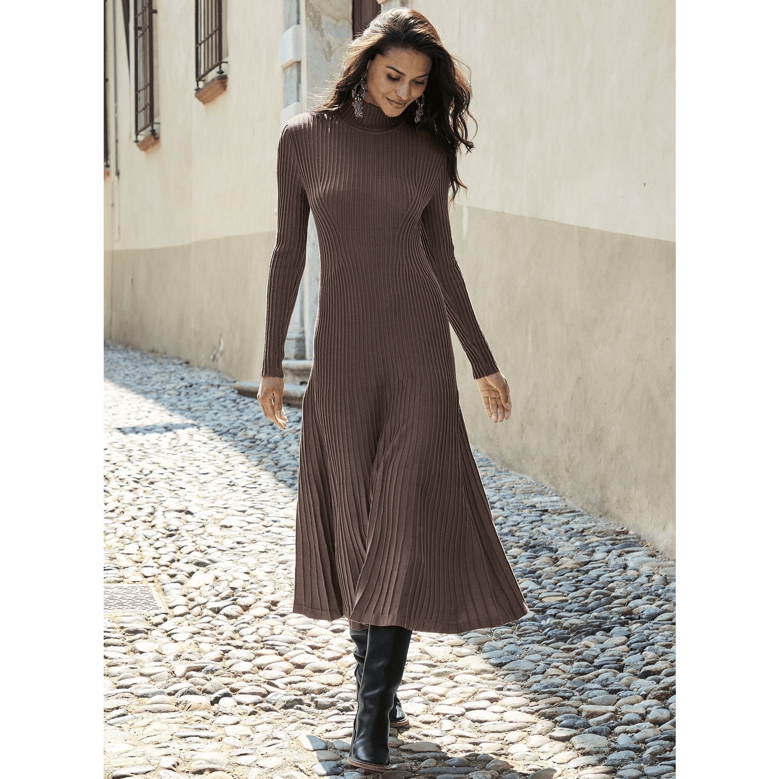 Peruvian Connection Sirmione Dress Xl Brown 100% Pima Cotton Ribbed Knit Midi